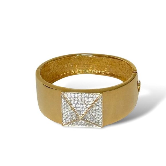 18K Gold Plated CZ Paved Pyramid Wide Bangle Cuff Bracelet For Women - Picture 4 of 10